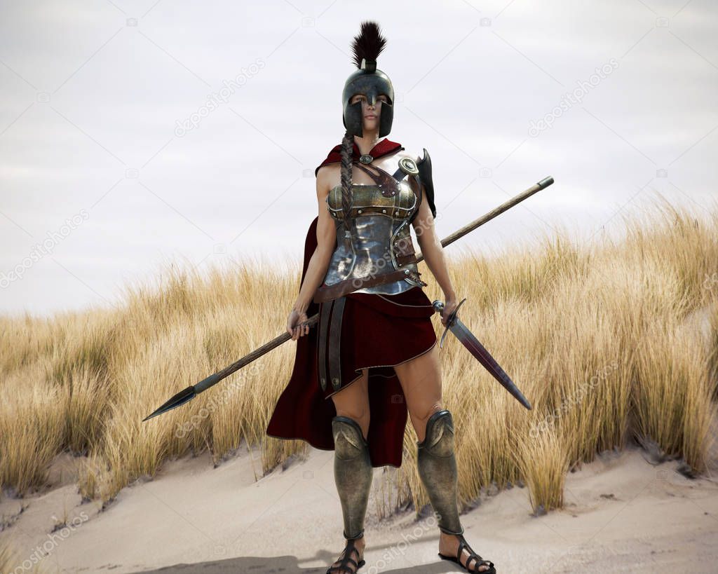 The Spartan. Portrait of a battle hardened Greek Spartan female warrior equipped with a sword and spear ready for battle. 3d rendering.