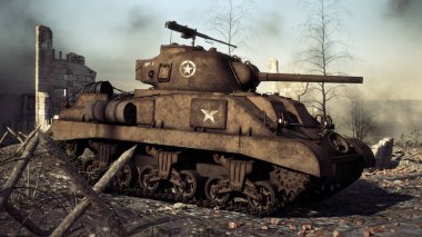 Amerikan müttefik orta tank bir ikinci Dünya Savaşı savaş alanında hazırdır. 3D render