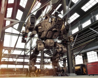 Fütüristik savaş robotu silah silah tam dizi ile uzak bir endüstriyel hangarda sıkışmış. 3D render
