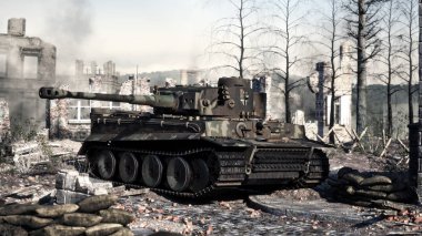 Eski Alman 2. Dünya Savaşı zırhlı tankı savaş meydanında hazırdı. 2. Dünya Savaşı 3D görüntüleme