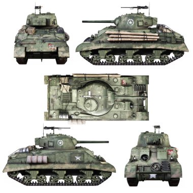 Çeşitli görünümleri, bir Vintage Amerikan Dünya Savaşı 2 izole beyaz zemin üzerine orta zırhlı muharebe tank müttefik. İkinci Dünya Savaşı 3d render yüksek çözünürlüklü 8k görüntü