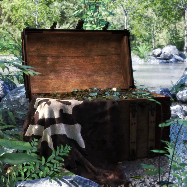 Pirate chest discovered near a forest pond filled with treasure coins . 3d rendering