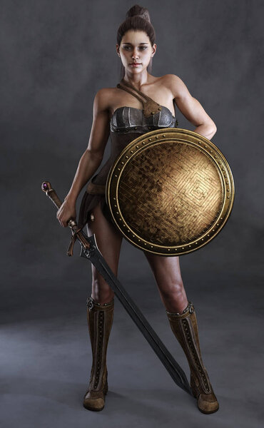 Portrait of a sexy amazon female posed with a sword,shield and a studio background. 3d rendering