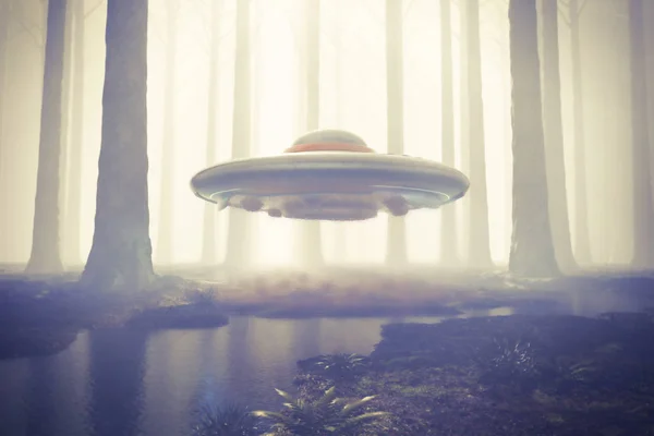 Σκηνή Ενός Ufo Που Αιωρείται Στο Δάσος Μαγνητικό Πεδίο Λαμπύρισμα — Φωτογραφία Αρχείου