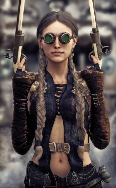 Πορτρέτο Του Όμορφη Steampunk Πιστολέρο Γυναίκα Κρατά Δύο Πιστόλια Rendering — Φωτογραφία Αρχείου