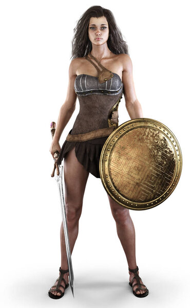 Portrait of a sexy amazon female posed with a sword and shield on an isolated white background. 3d rendering
