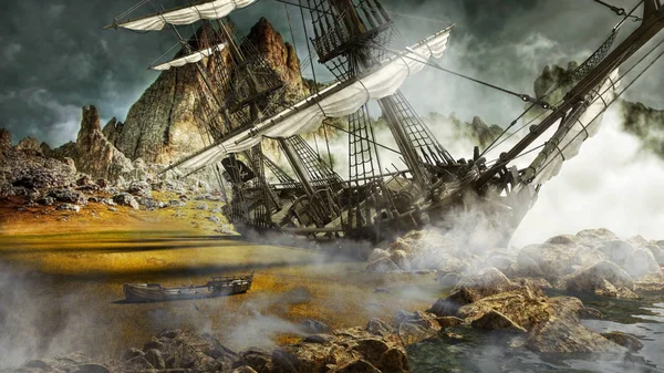 Gestrande Piratenschip Een Mystieke Schilderachtige Land Rendering — Stockfoto