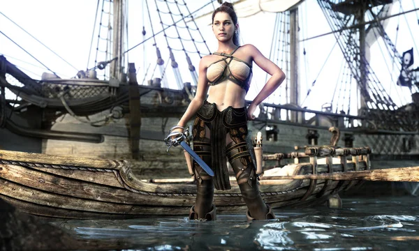 Portrait of a pirate female coming ashore . 3d rendering