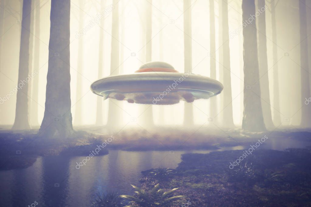 Scene of a UFO hovering in the woods with magnetic field shimmer below its surface. 3d rendering