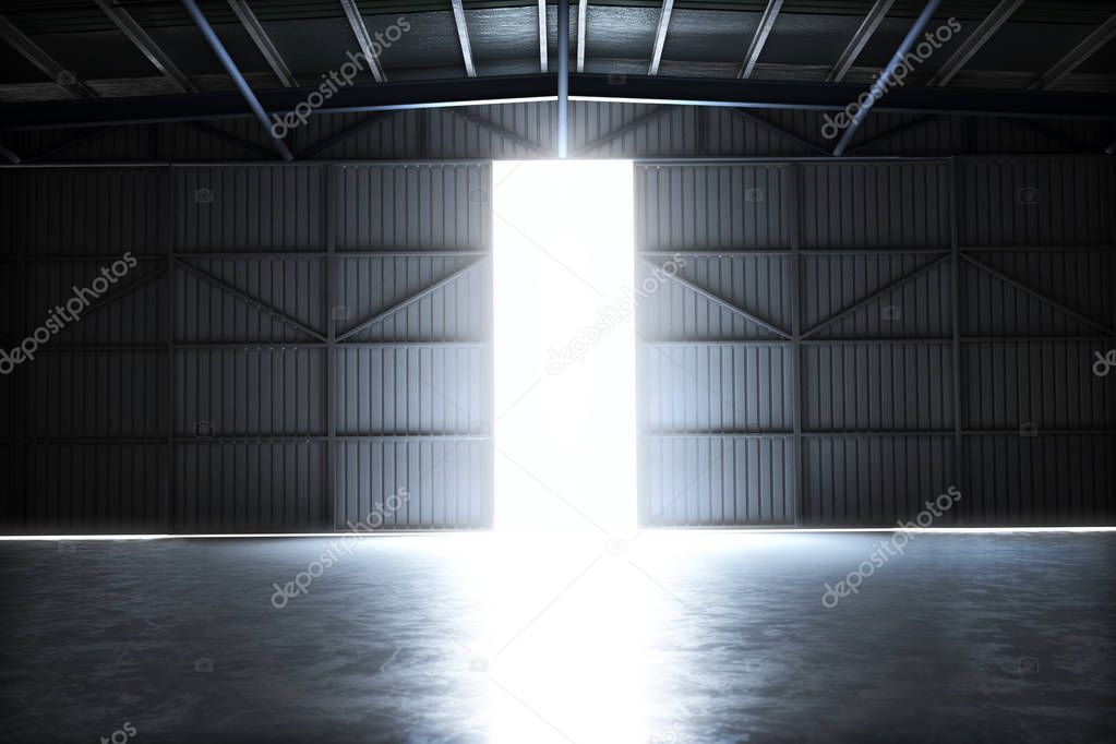 Empty building hangar with the door open with room for text or copy space. 3d rendering interior