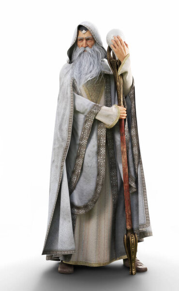 Portrait of a hooded grey cloaked wizard holding his magical staff on an isolated white background. 3d rendering