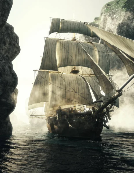 Передний Вид Пиратского Корабля Пронизывающего Туман Узкого Канала Рендеринг — стоковое фото