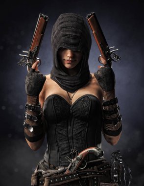 Birden fazla siyah toz tabanca ve bir bokeh arka planda bir Cutlass kılıç ile kapüşonlu iyi silahlı kadın korsan Assassin portresi. 3B işleme