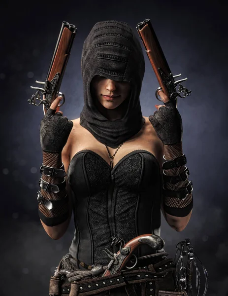 Portrait Hooded Well Armed Female Pirate Assassin Multiple Black Powder — Stock Photo, Image