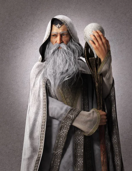 Portrait Fantasy White Wizard Staff Backdrop Background Rendering — Stock Photo, Image