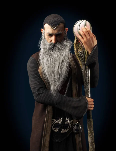 Evil Warlock Old Wizard Posing Staff Dark Background Rendering — Stock Photo, Image