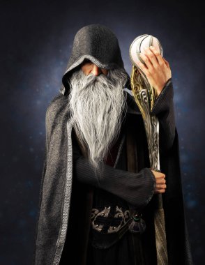 Evil Warlock eski kapüşonlu sihirbaz mavi bir degrade arka plan üzerinde personel ile poz. 3d render