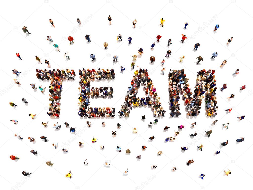 Team concept .3d rendering of a diverse large group of people forming the shaped text word for teamwork. Illustration is on an isolated white background