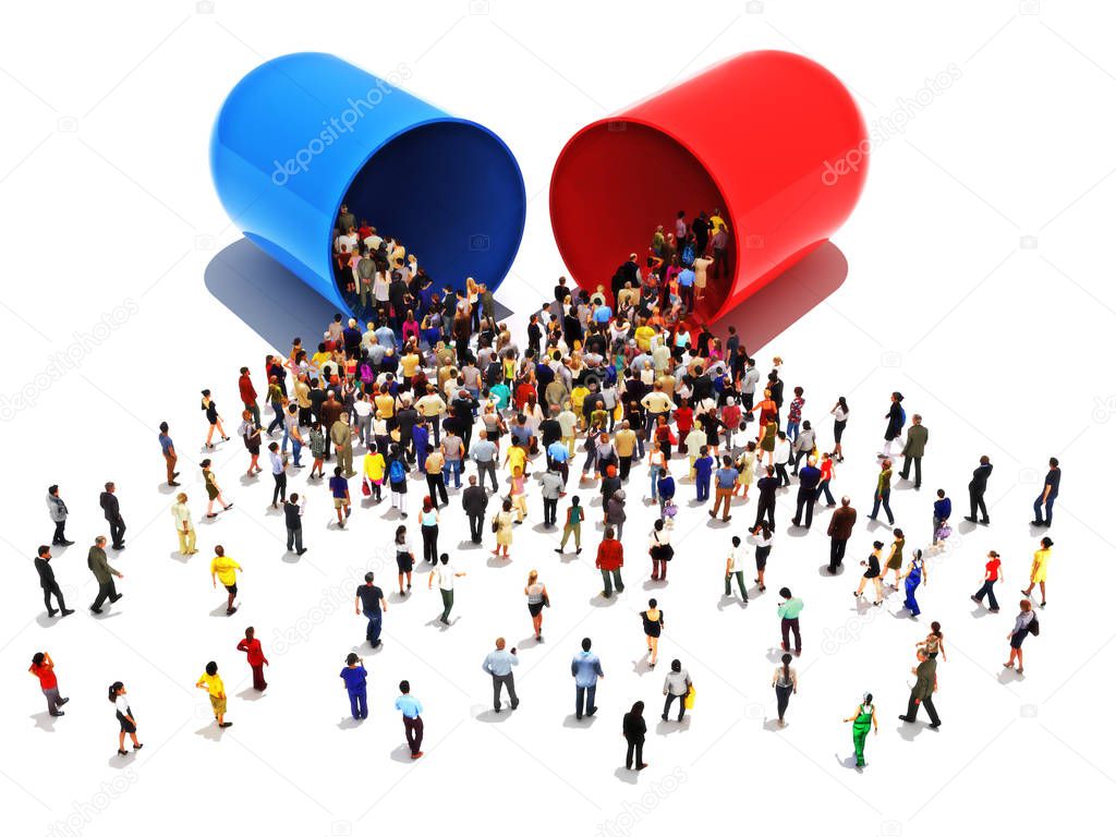People with addictions to pills concept.Large group of people walking towards and into an open pill capsule medication or drug on a white isolated background. 3d rendering