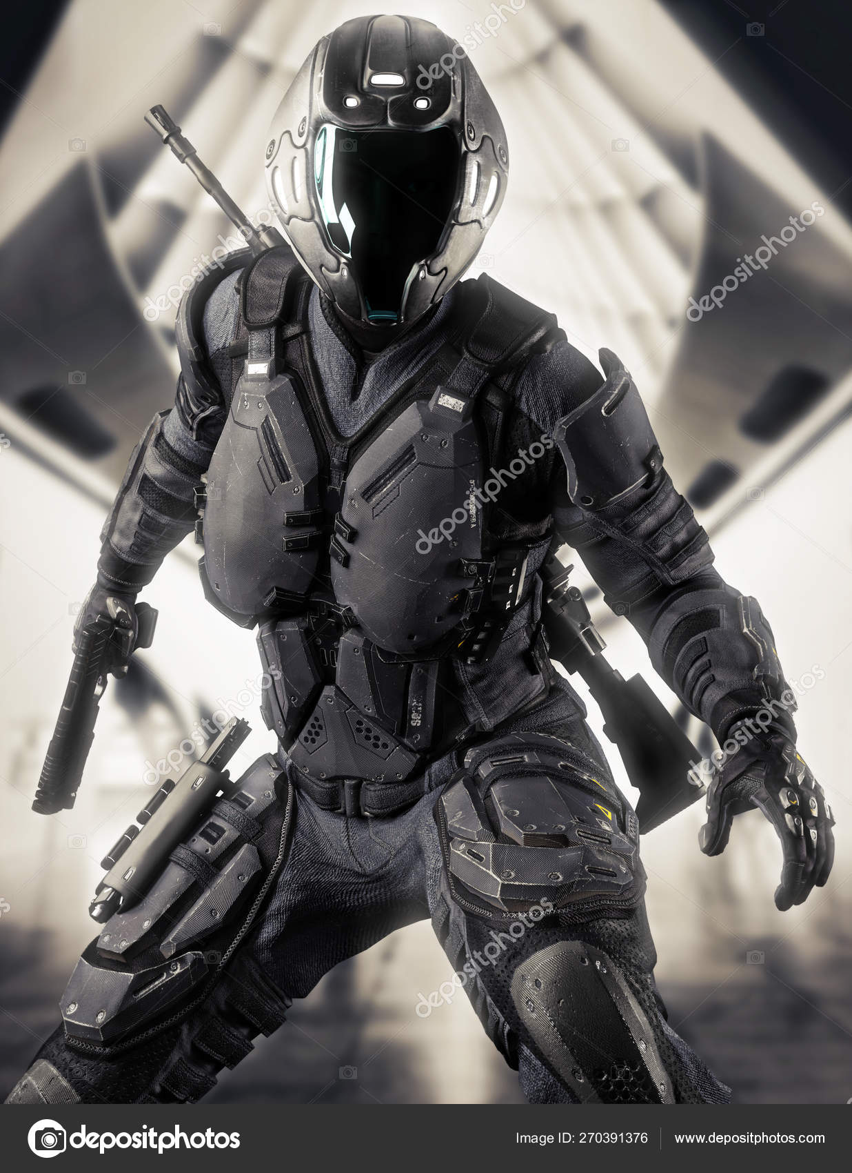 Portrait Futuristic Armored Female Soldier Ready Battle Abstract