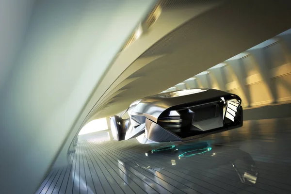 近代的なインテリアトンネルを通って高速でホバリング未来的な高級スポーツカー レンダリングイノベーションコンセプト — ストック写真