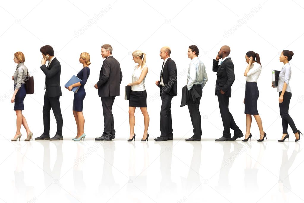 Group of business people standing in line on a white reflective background. 3d rendering