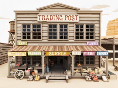 Çeşitli bakkaliye ve mallar ile Batı kasabası ticaret Post düşük Çokgen Illüstrasyon Toon tarzı. 3B işleme