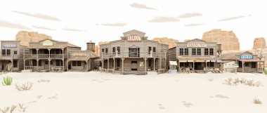 Çeşitli işletmeler ile rustik antika Low Polygon Western Town geniş yan görünümü. 3B işleme