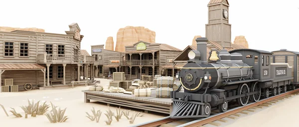 低多边形插图图上风格 西部城镇火车站与各种业务 — 图库照片