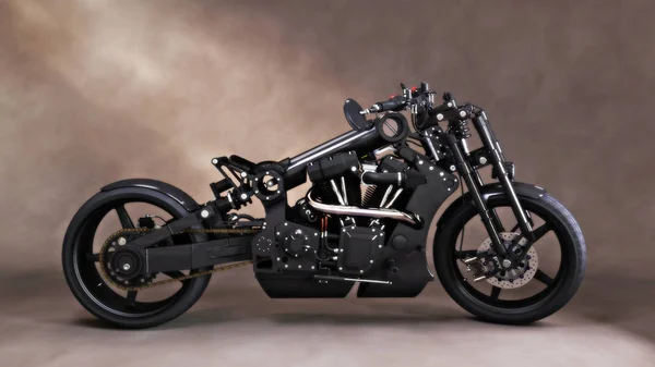 Изготовленный Заказ Уникальный Черный Мотоцикл Студийном Заднем Фоне Рендеринг — стоковое фото