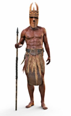 İzole beyaz bir arka plan üzerinde mızrak ve ahşap maske ile korkutucu bir çıplak ayaklı güçlü Afrika kabile avcısı portresi. 3d render