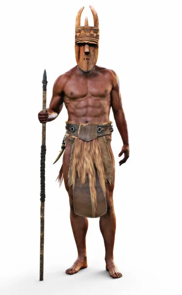 威圧的な裸足の肖像画は 孤立した白い背景に槍と木製のマスクを持つ強いアフリカの部族ハンターを歩きました レンダリング — ストック写真