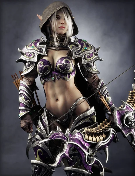 Portrait Fantasy Heavily Armored Hooded Dark Elf Female Archer Warrior — Stock Photo, Image