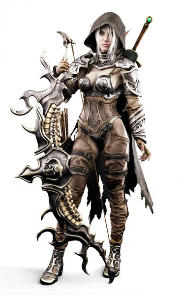 Portrait Fantasy Heavily Armored Hooded Dark Elf Female Archer Warrior — Stock Photo, Image