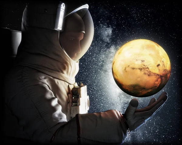 Мечтал Марсе Астронавт Тянется Красной Планете Марс Экспозиция Путешествие Марс — стоковое фото