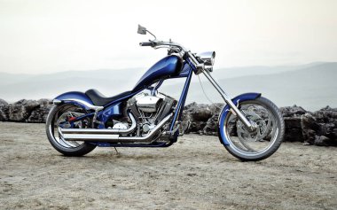 Bir dağ aralığı manzara arka plan ile özel mavi motosiklet. 3d render