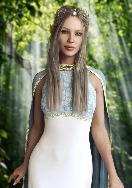魅惑的な森の中でポーズ長いプラチナの髪を持つエレガントなドレスとティアラとエルフの女王の垂直肖像画 ファンタジー3Dレンダリング — ストック写真