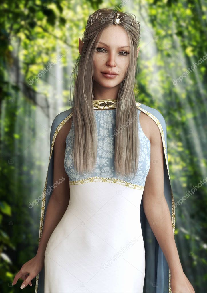 Vertical portrait of the queen of the elves female with an elegant dress and tiara with long platinum hair posing in the enchanted woods.Fantasy 3d rendering .