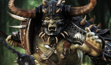 Close up of a savage orc brute heavily armored and running into battle wearing traditional gear and equipped with a flail weapon . Fantasy themed medieval character. 3d Rendering clipart