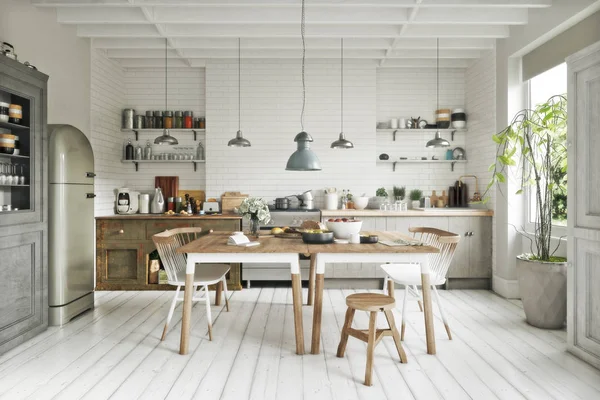 Cocina Escandinava Estilo Contemporáneo Con Zona Comedor Acentos Simplistas Renderizado —  Fotos de Stock