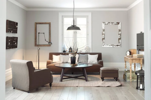斯堪的纳维亚现代风格的客厅区内部与简单的口音 — 图库照片