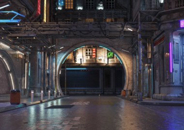 Neon aksanlı kentsel şehir retro fütüristik arka damla arka plan. Neo-noir tarzı 3d render.