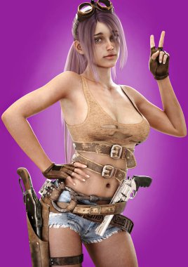 Kurgusal kadın genç karakter degrade mor arka plan ile bir barış işareti tutan. Seksi kadın bir kesme kapalı tank top giyen, şort, kol eylem tüfek ve tabanca ile silah kemeri . 3d render