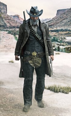 Bir grizzled silah portresi çekilen silah ile kameraya doğru yürüyen kovboy sapan . 3d render illüstrasyon
