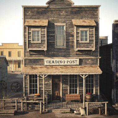 Çeşitli bakkal ve mal ile Rustik batı antik kenti ticaret sonrası. 3d render. Batı kasabası serisinin bir parçası