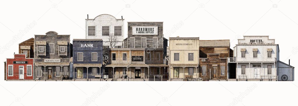 Front wide view of an old rustic antique western town with various business on an Isolated white background. 3d rendering