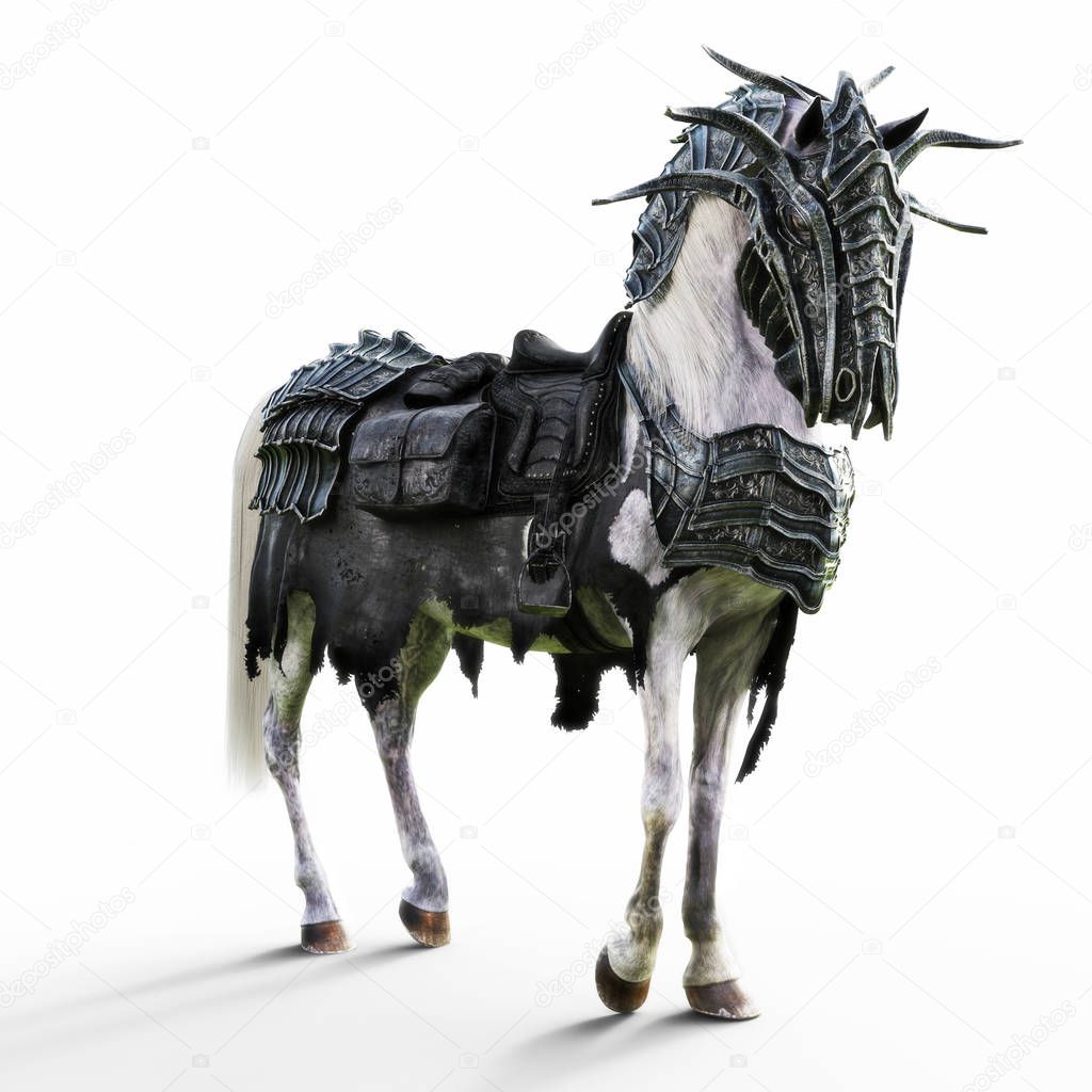 Angled view of a posing armored white war horse on a isolated white background. 3d rendering