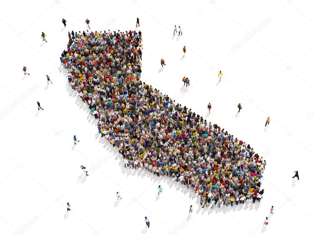 People visiting California. Large group of people walking to and forming the shape of California. Tourism , vacationing , overcrowding ,growth , retirement ,moving and relocating concept. 3d rendering