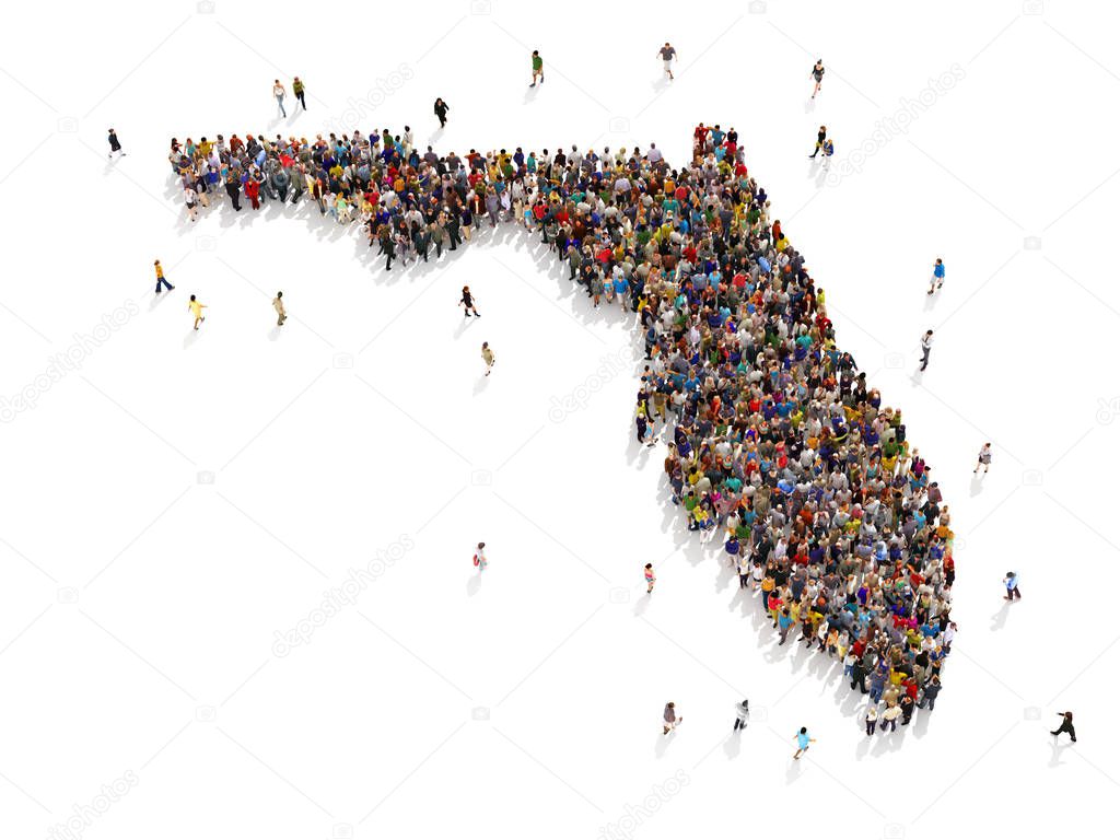 People visiting Florida. Large group of people walking to and forming the shape of Florida. Tourism , vacationing , overcrowding , growth , retirement ,moving and relocating concept. 3d rendering