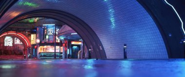 Neon aksanlı kentsel şehir retro fütüristik arka damla tünel arka plan. Neo-noir tarzı 3d render.